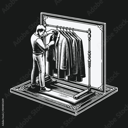 Vintage black and white illustration of a man selecting a suit from a clothing rack.