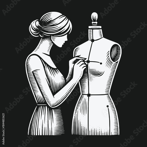 Monochrome engraving style illustration of a fashion designer working on a mannequin.