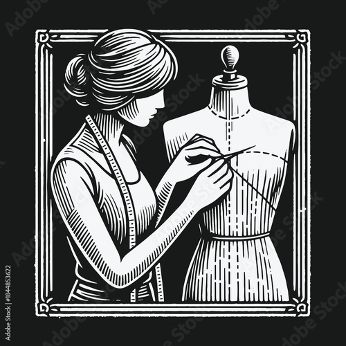 Vintage black and white illustration of a seamstress sewing a dress on a mannequin.