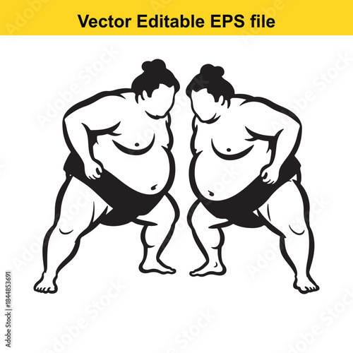  vector illustration of two sumo wrestlers in black and white standing facing each other on isolated white background