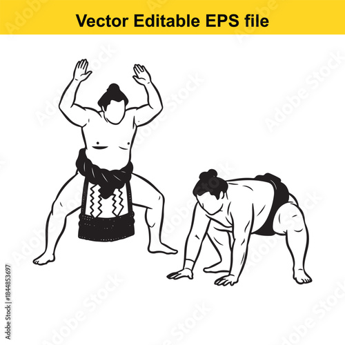  vector illustration of two sumo wrestlers in different poses, editable eps file
