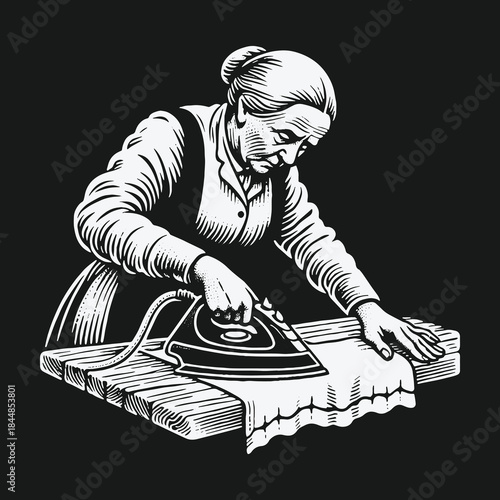 Elderly woman carefully ironing laundry on a wooden board illustration.