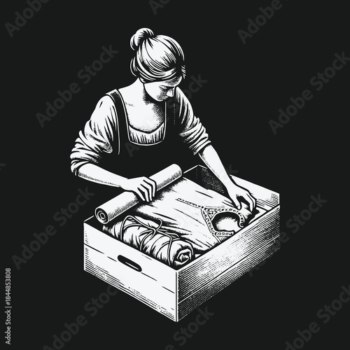 Vintage hand drawn illustration of a woman packing clothes into a wooden crate.
