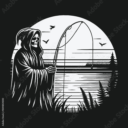 The Grim Reaper enjoys a peaceful day of fishing by the lake.