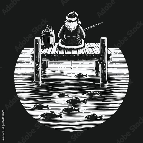 Santa Claus Fishing From a Wooden Pier Vintage Illustration.