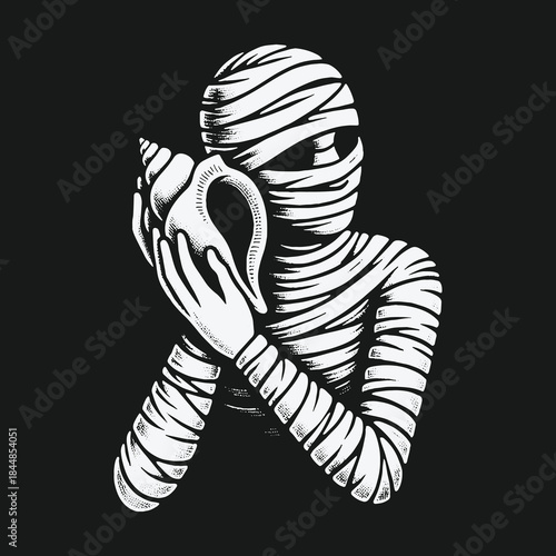Monochrome illustration of a mummy listening to a conch shell.