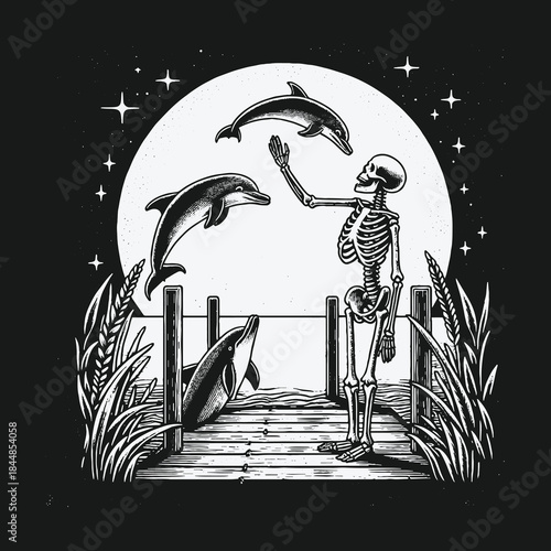 Surreal night scene with a skeleton greeting jumping dolphins by the full moon.