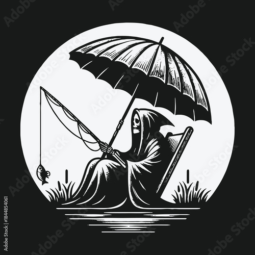 Grim Reaper fishing patiently under a large umbrella illustration.