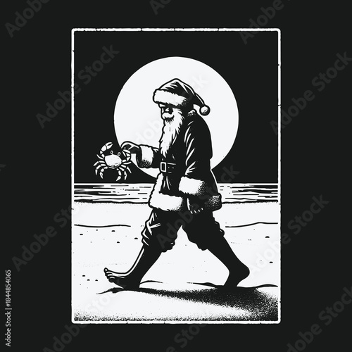 Black and white illustration of Santa Claus with a crab on a moonlit beach.