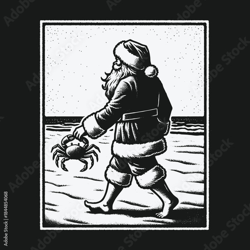 Santa Claus Walking on the Beach Holding a Crab Illustration.
