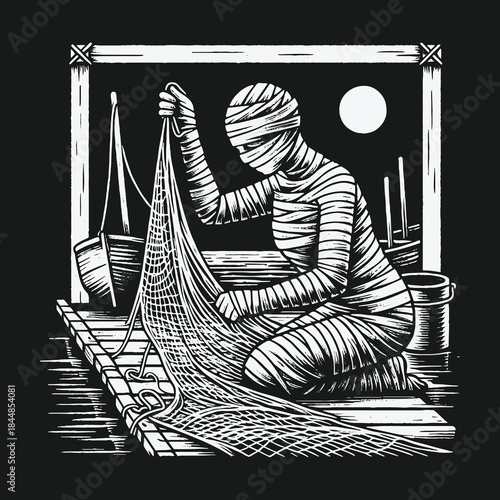 Mummy Mending a Fishing Net on a Wooden Pier at Night.