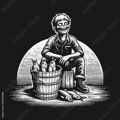 Macabre black and white illustration of a grinning zombie boy with a bucket of fish.