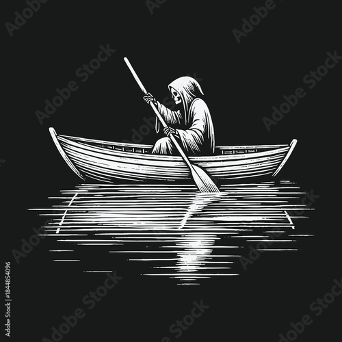 Skeletal Grim Reaper figure rowing a boat on dark water.