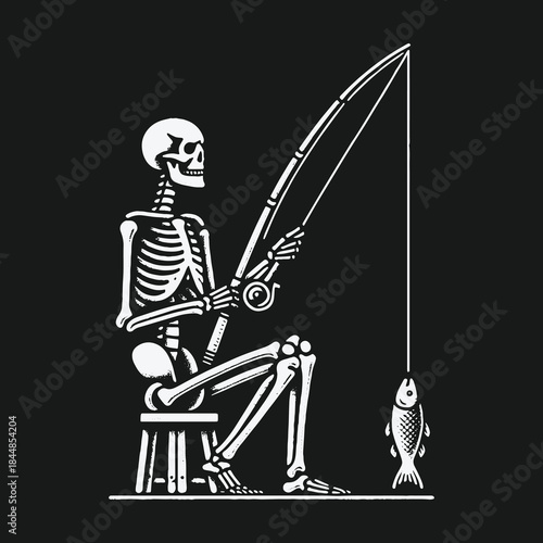 Humorous graphic illustration of a skeleton fishing on a black background.