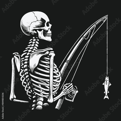 Black and white vintage illustration of a skeleton fishing.