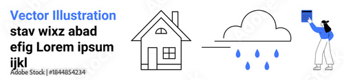 Weather conditions, education, learning, home, environment, personal growth. Minimalist design showing a house, a cloud with rain and a person holding a book. Weather conditions and education