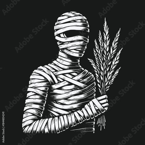 Mysterious bandaged mummy holding a wheat stalk illustration.
