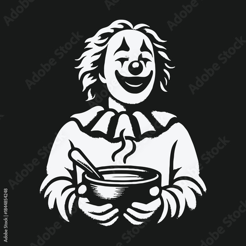 Joyful clown character holding a warm bowl of soup.