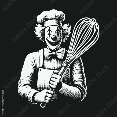 Creepy clown chef character in vintage monochrome engraving style.