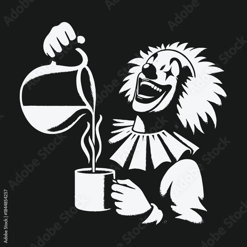 Laughing circus clown pouring a hot cup of coffee.
