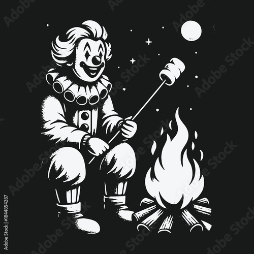 Vintage Clown Roasting a Marshmallow by a Campfire at Night.