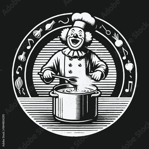 Vintage black and white emblem of a laughing clown chef cooking.