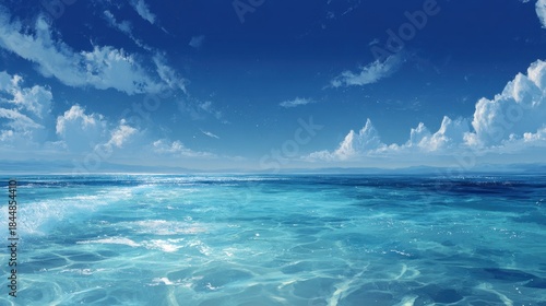 A beautiful blue ocean with a few clouds in the sky. The sky is clear and the water is calm