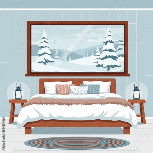 Cozy bedroom with a large window showcasing a snowy winter landscape with pine trees
