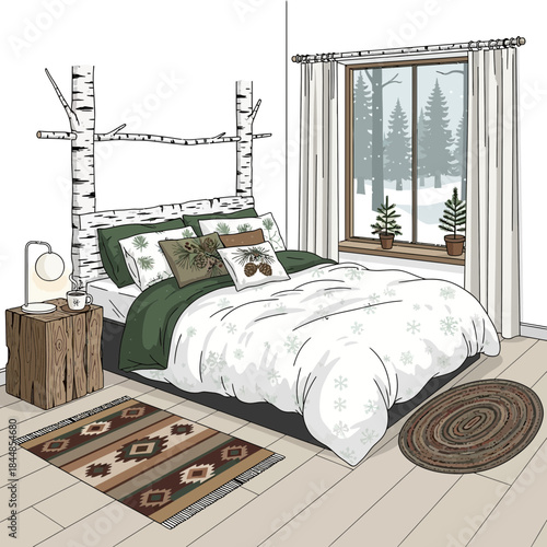 Cozy bedroom with a winter landscape view featuring a rustic interior and soft furnishings