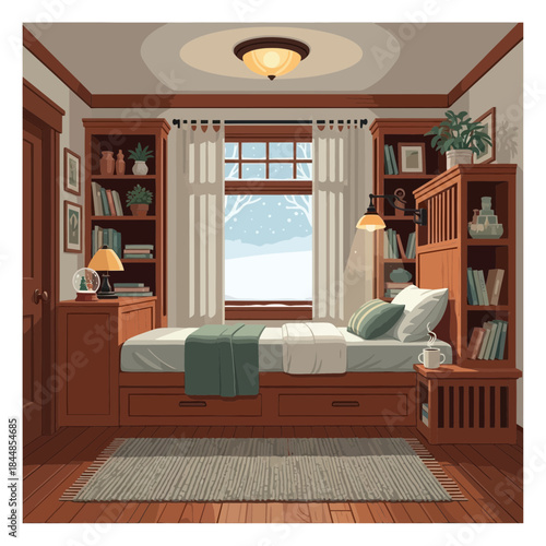 Cozy bedroom with built-in bookshelves and large window overlooking a snowy landscape