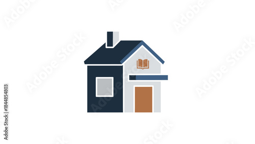 Simple illustration of a modern house with dark blue walls and a brown door.