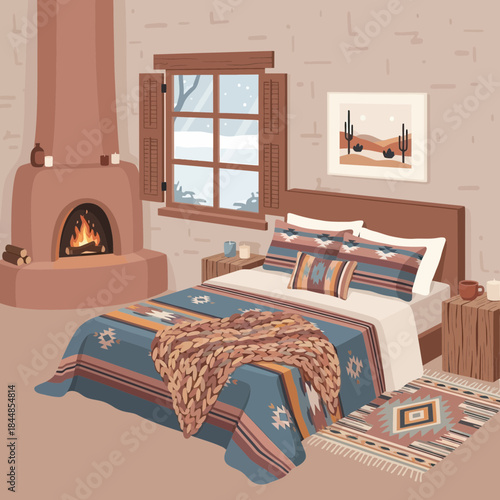 Cozy rustic bedroom with fireplace and warm decor creating a relaxing atmosphere