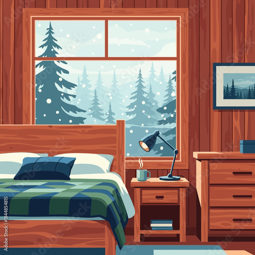 Cozy rustic bedroom with a view of snow-covered trees through a large window