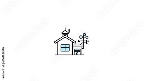 Weather Station Building with Anemometer and Wind Vane Icon.