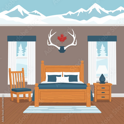 Cozy rustic bedroom with mountain views, deer head decor, and warm wooden furniture