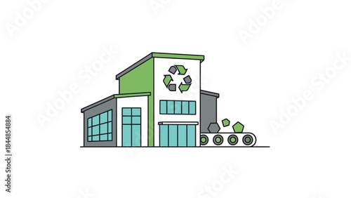 Recycling plant building with conveyor belt and waste materials.