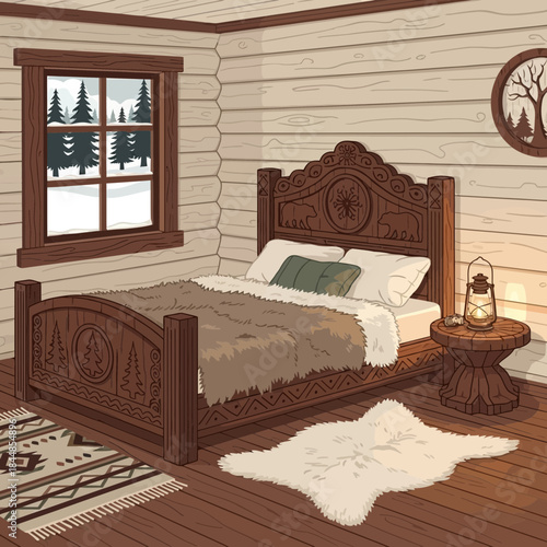 Cozy rustic bedroom with wooden furniture and winter view outside window
