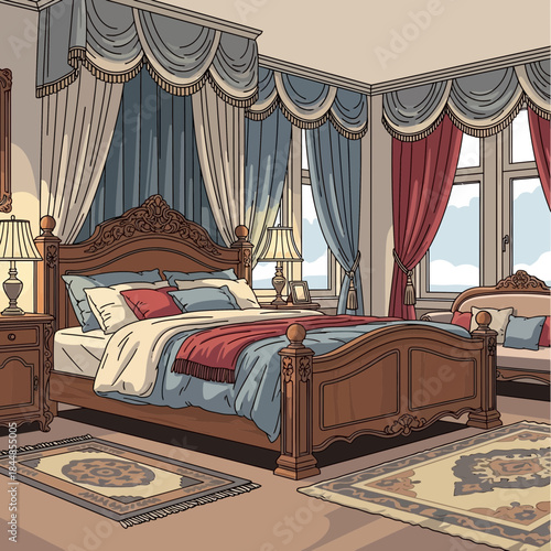 luxurious master bedroom interior with elegant classic furniture and large windows showcasing a