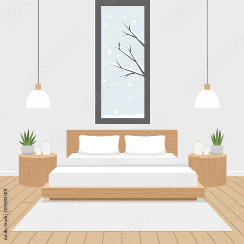 Minimalist bedroom interior with large window showcasing snowy winter scene and cozy decor design