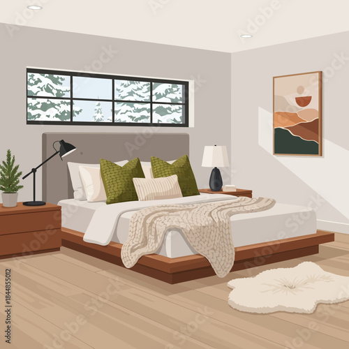 Modern bedroom interior with minimalist decor including bed side table lamp and abstract art on