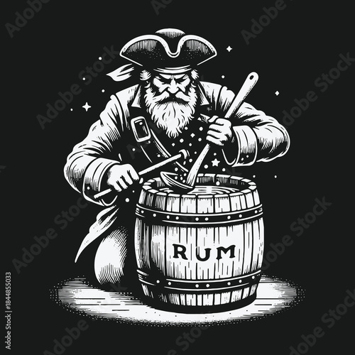 Monochromatic illustration of a bearded pirate stirring a wooden rum barrel.
