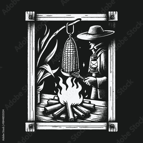 Vintage woodcut style illustration of a farmer roasting corn over a campfire at night.