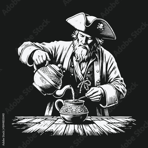 Vintage Black and White Illustration of a Pirate Pouring a Drink.