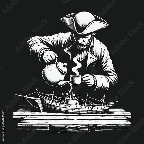 Surreal monochrome illustration of a pirate captain pouring hot coffee into a miniature ship.
