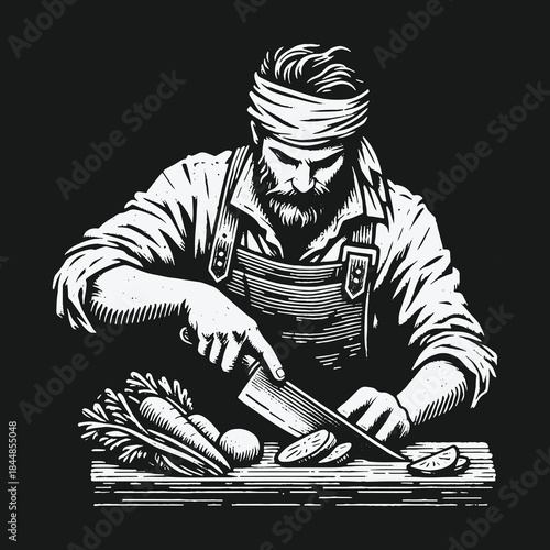 Monochrome woodcut style illustration of a bearded chef chopping vegetables.