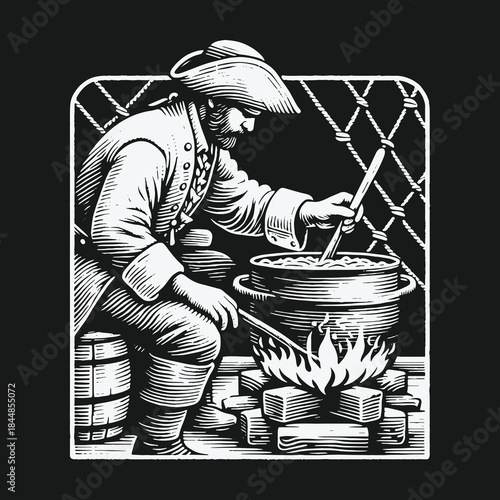 Historical Engraving of a Colonial Man Cooking Over a Campfire.