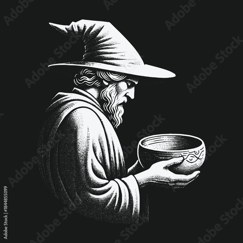 Monochrome illustration of a wise old wizard holding a bowl.