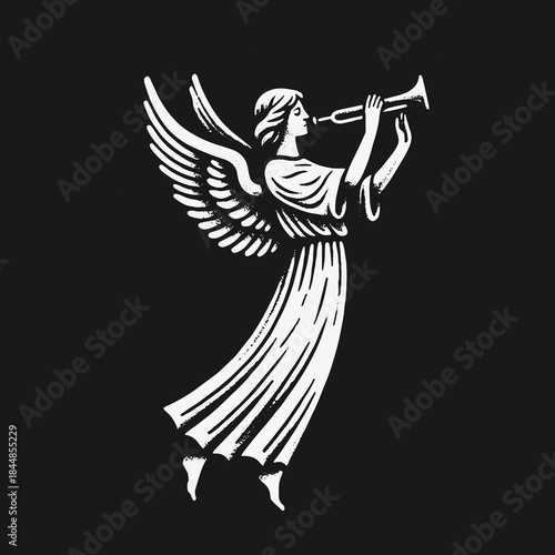 Elegant white angel with wings blowing a trumpet illustration.