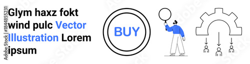 Circular Buy button, person holding balloon, cogwheel formation with arrows, and placeholder text. Ideal for e-commerce, teamwork, workflow, planning, marketing analytics simple landing page