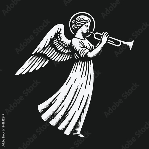 Monochrome engraving style illustration of a celestial angel with a halo playing a trumpet.